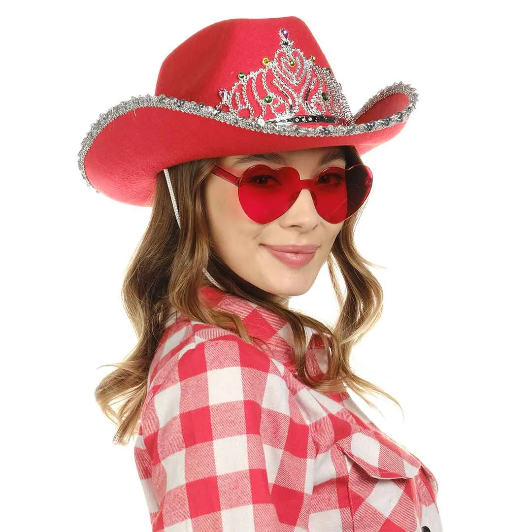 Red Cowgirl Hat with Heart Glasses - Red Cowboy Hat with Tiara Crown - FUNCREDIBLE