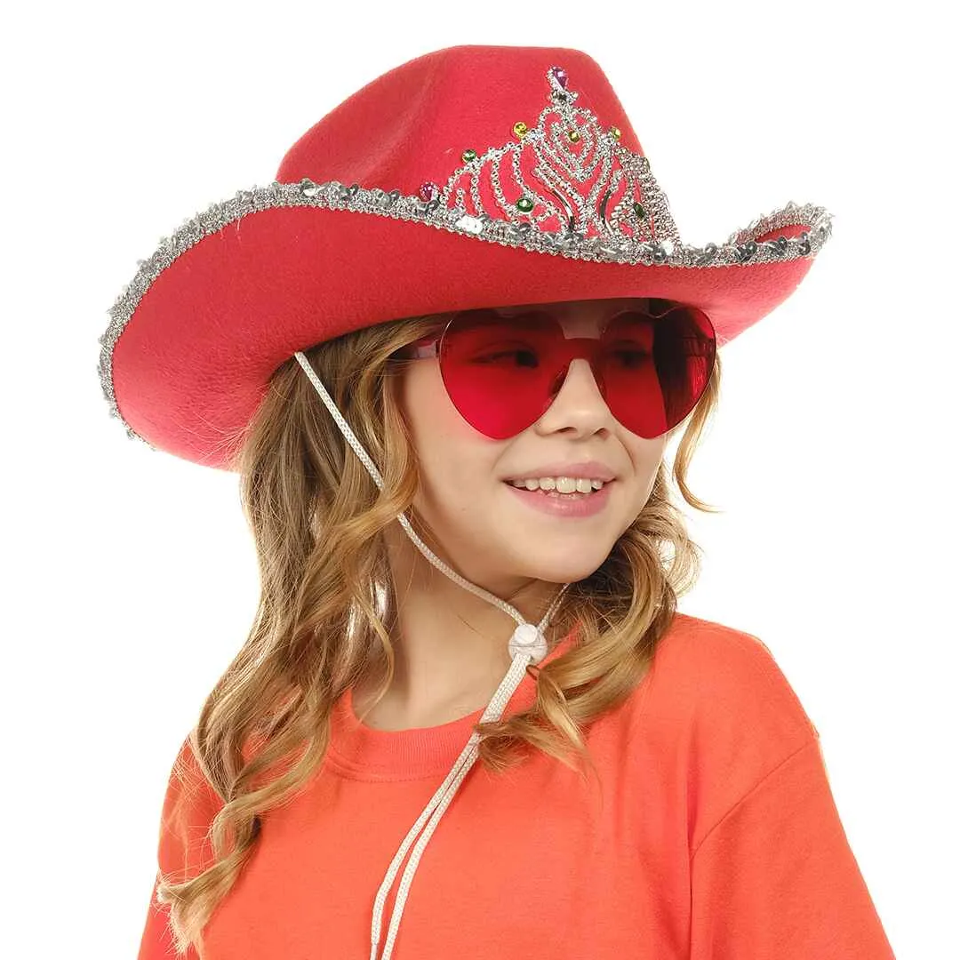 Red Cowgirl Hat with Heart Glasses - Red Cowboy Hat with Tiara Crown - FUNCREDIBLE