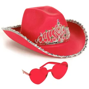 Red Cowgirl Hat with Heart Glasses - Red Cowboy Hat with Tiara Crown - FUNCREDIBLE