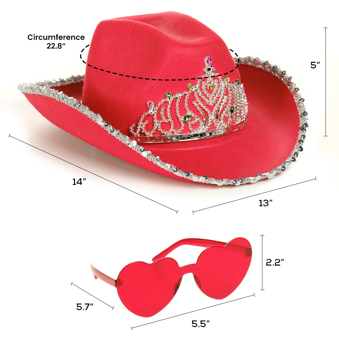 Red Cowgirl Hat with Heart Glasses - Red Cowboy Hat with Tiara Crown - FUNCREDIBLE