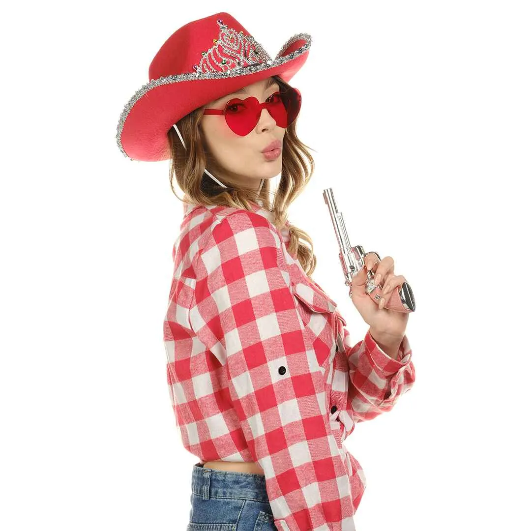 Red Cowgirl Hat with Heart Glasses - Red Cowboy Hat with Tiara Crown - FUNCREDIBLE