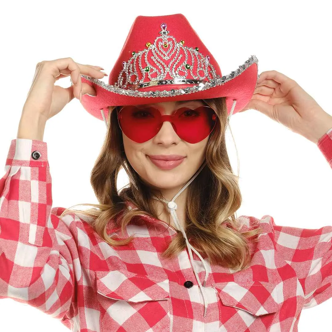 Red Cowgirl Hat with Heart Glasses - Red Cowboy Hat with Tiara Crown - FUNCREDIBLE