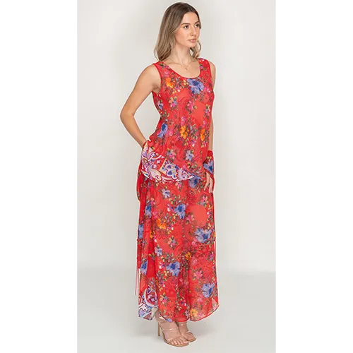 Semi-Long Red Floral Printed Reversible Dress For Women