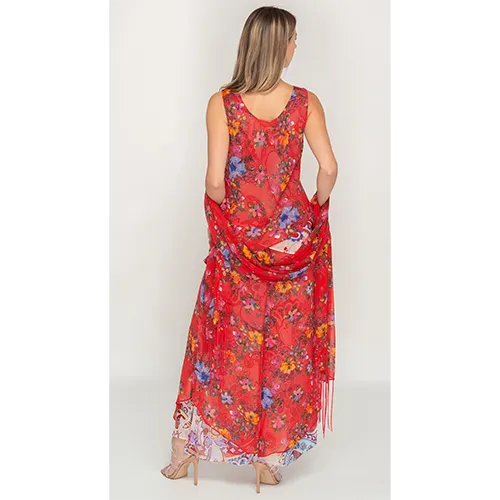 Semi-Long Red Floral Printed Reversible Dress For Women