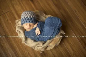 SET Chunky Gray Denim Blue Hat and Stretch Knit Wrap