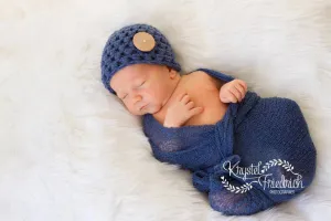 SET Denim Blue Button Hat and Dark Blue Jean Stretch Knit Wrap