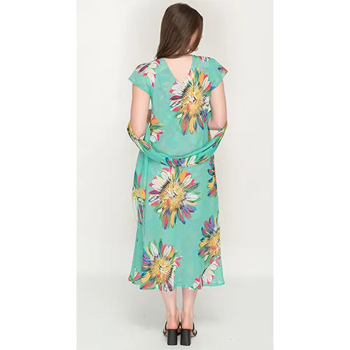 Sleeve Less Semi Long Green Floral Print 2 in 1 Reversible Dress For Women