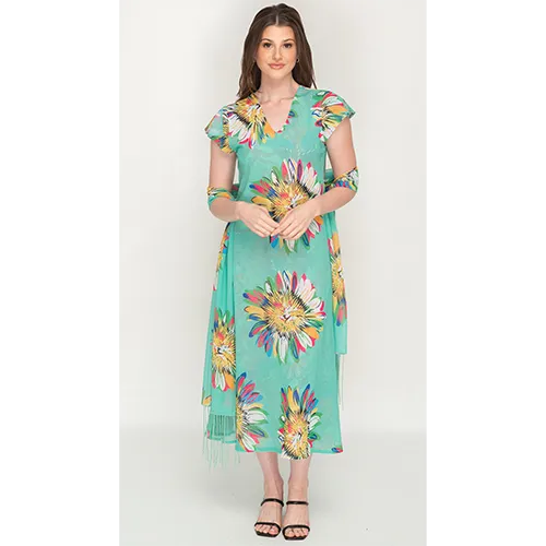 Sleeve Less Semi Long Green Floral Print 2 in 1 Reversible Dress For Women