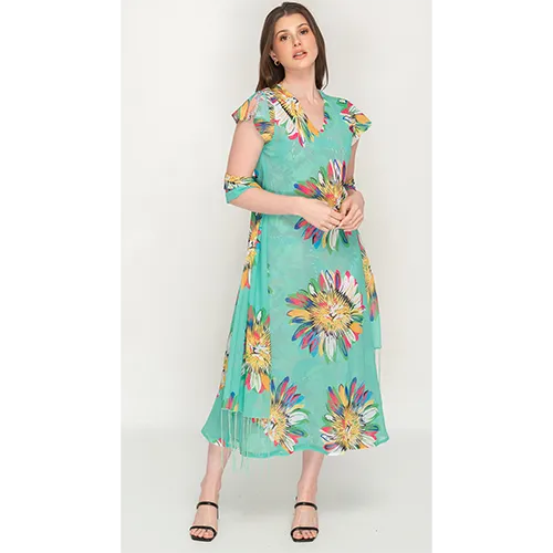 Sleeve Less Semi Long Green Floral Print 2 in 1 Reversible Dress For Women