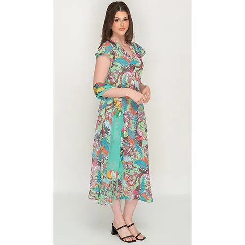 Sleeve Less Semi Long Green Floral Print 2 in 1 Reversible Dress For Women