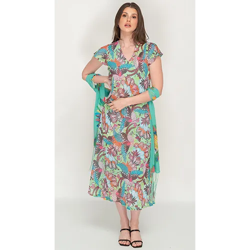 Sleeve Less Semi Long Green Floral Print 2 in 1 Reversible Dress For Women