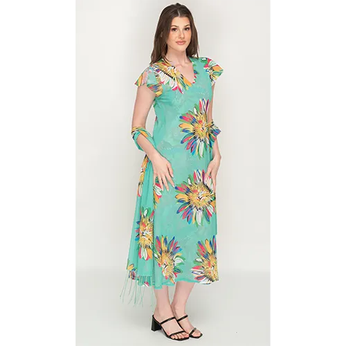 Sleeve Less Semi Long Green Floral Print 2 in 1 Reversible Dress For Women