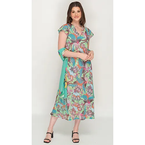 Sleeve Less Semi Long Green Floral Print 2 in 1 Reversible Dress For Women