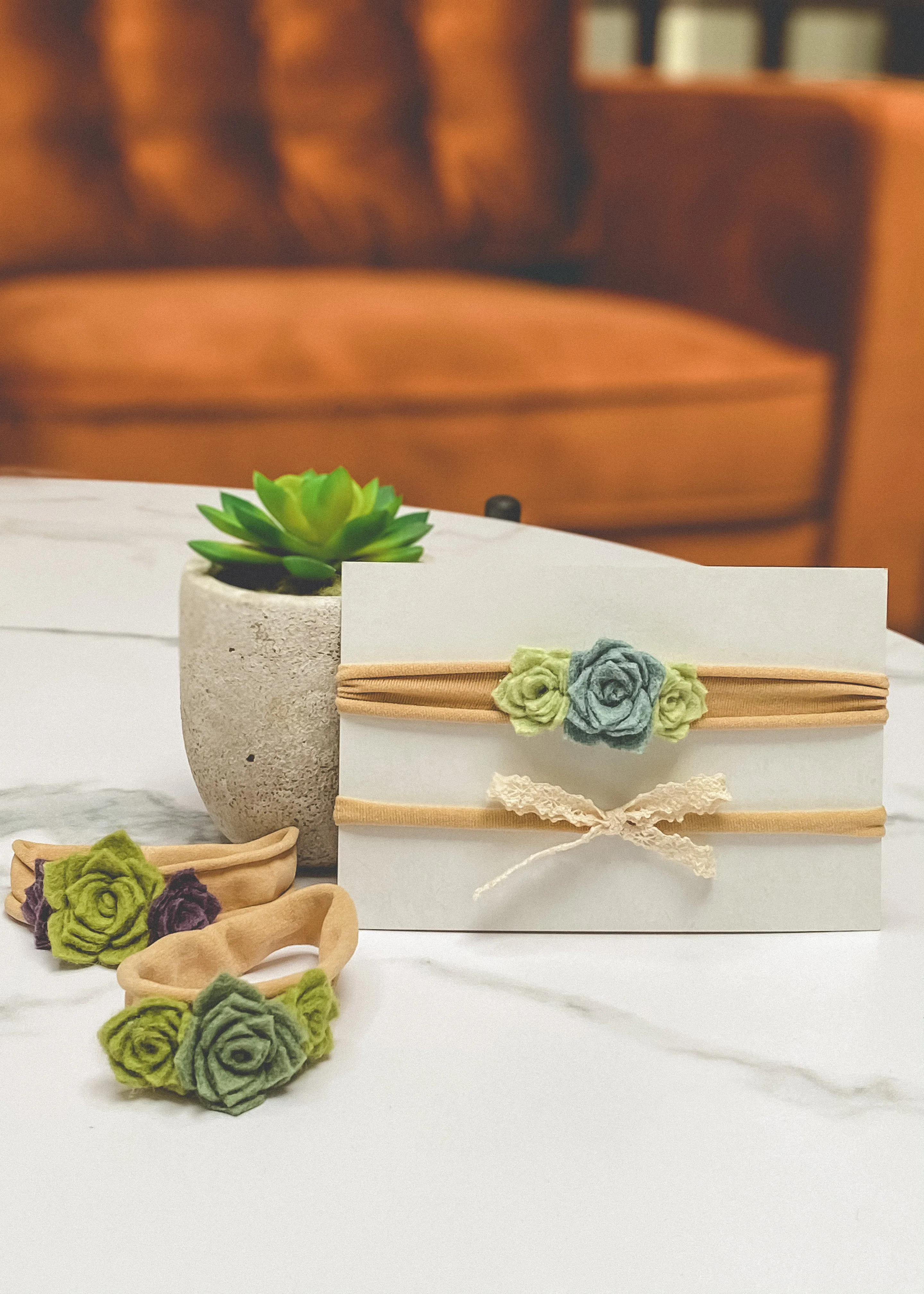 Succulent and Macrame Baby Headband Set