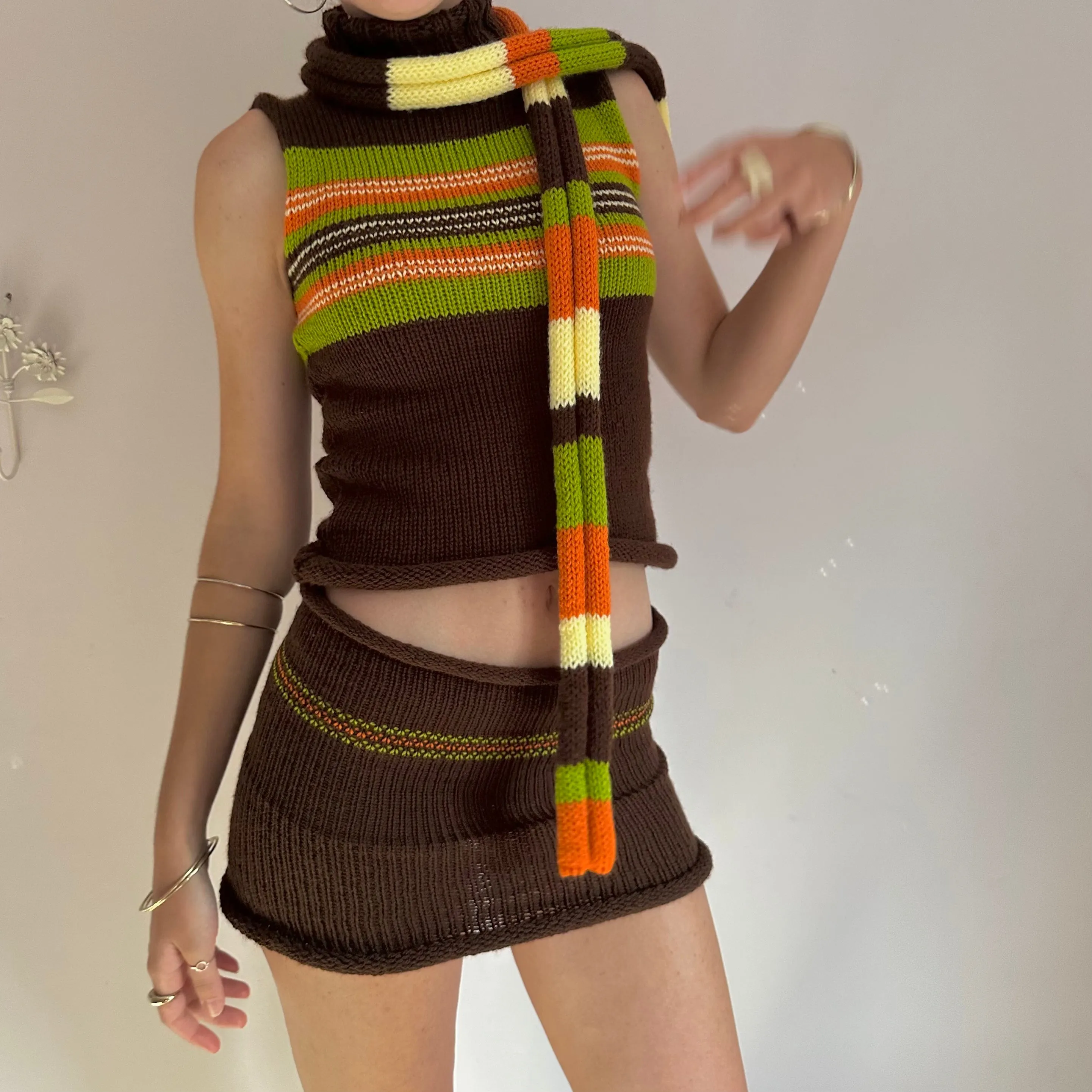 The Linea Scarf - handmade knitted stripy skinny scarf in orange, brown green and yellow