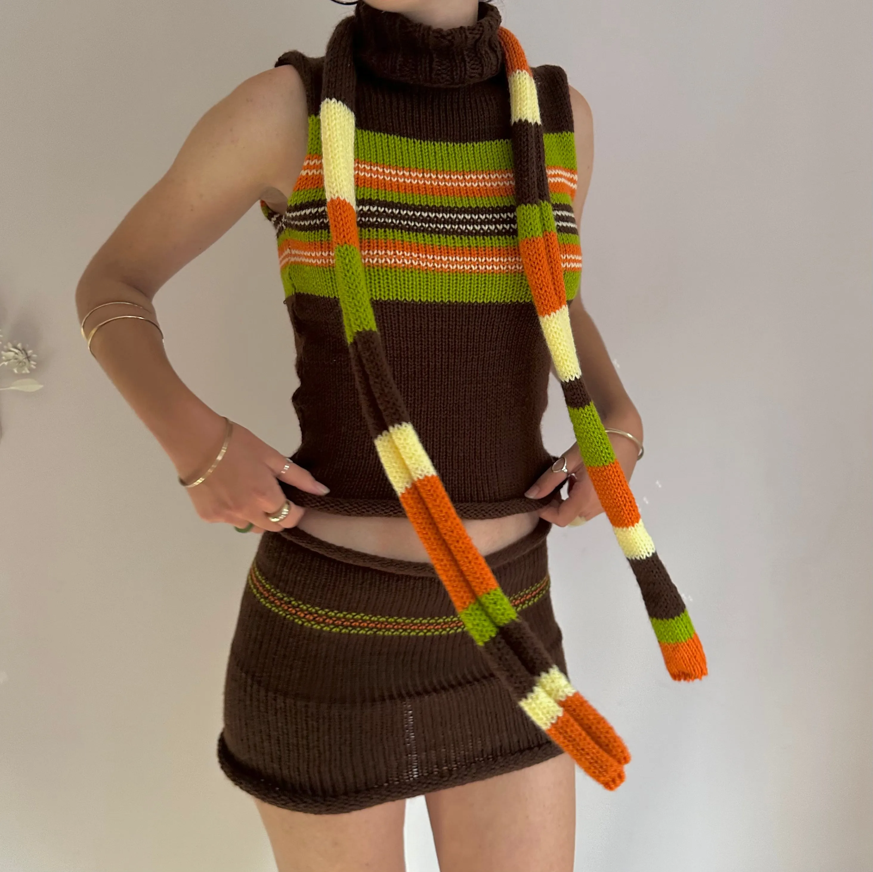 The Linea Scarf - handmade knitted stripy skinny scarf in orange, brown green and yellow