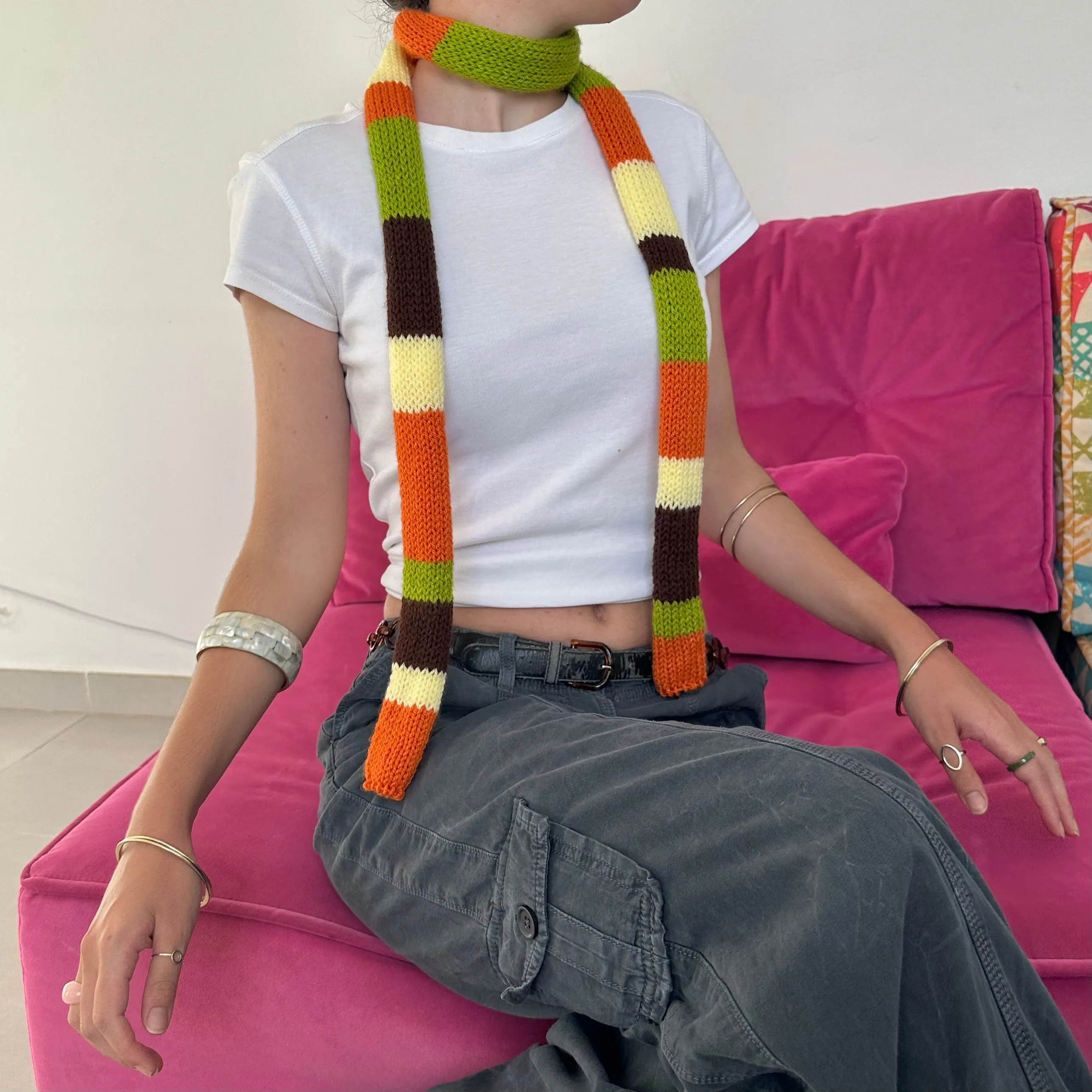 The Linea Scarf - handmade knitted stripy skinny scarf in orange, brown green and yellow