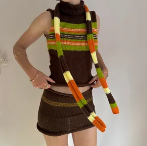 The Linea Scarf - handmade knitted stripy skinny scarf in orange, brown green and yellow