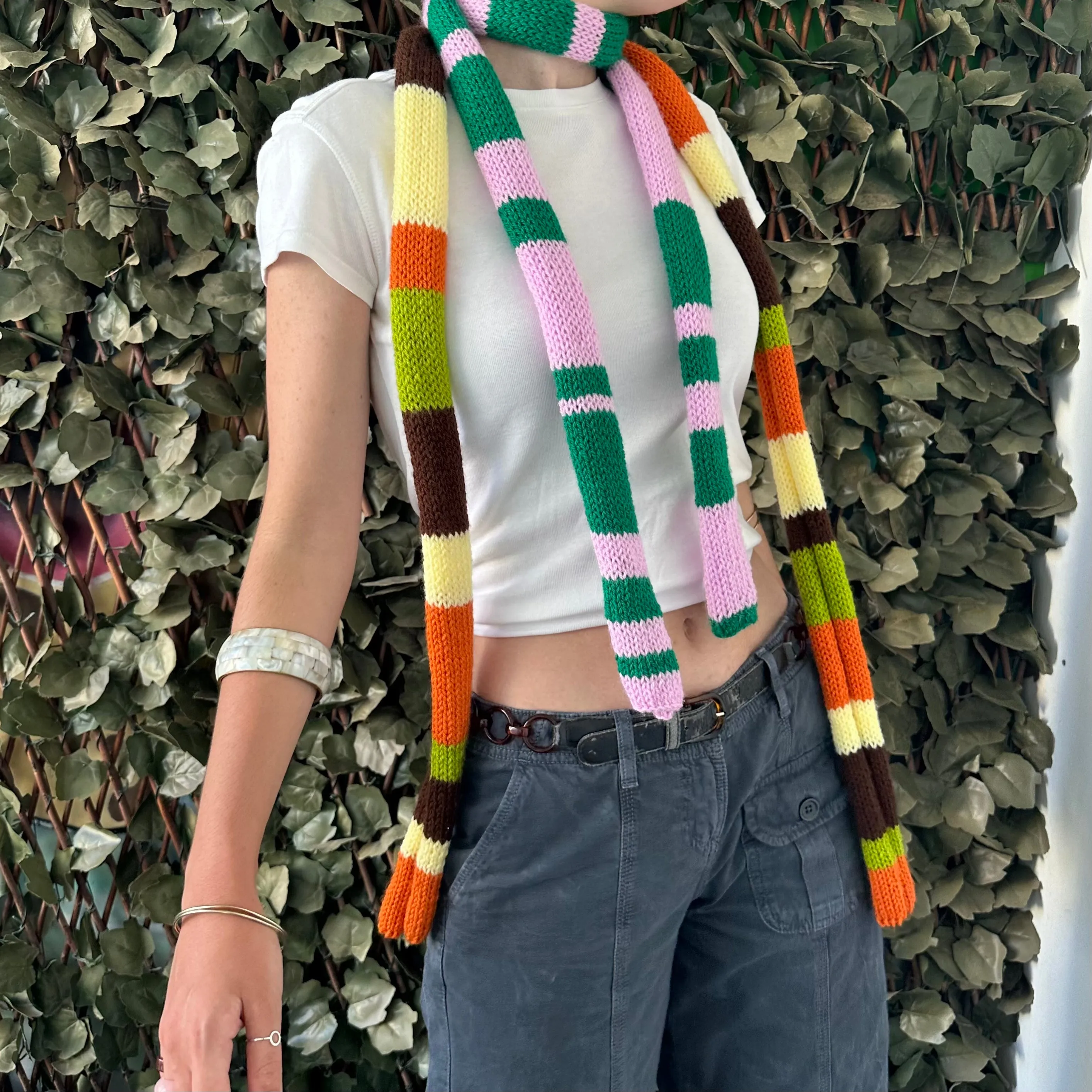 The Linea Scarf - handmade knitted stripy skinny scarf in orange, brown green and yellow