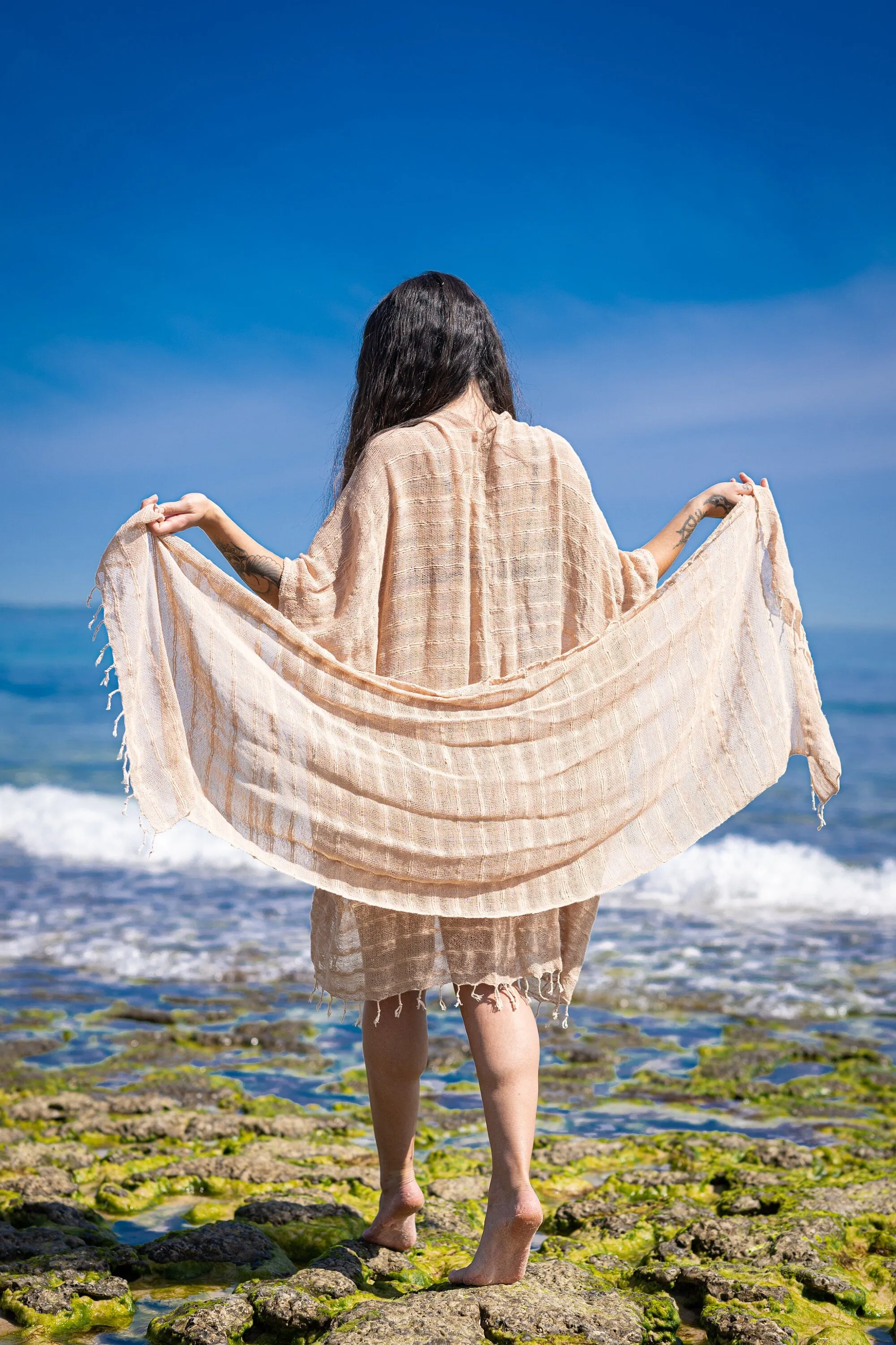 THEA Kimono Scarf Shawl Wrap Robe Bundle Set Rustic Orange Beach Festival Natural Netted Cotton See Through Soft Free Flow Boho AJJAYA