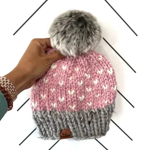 Toddler Happe Hearts Knit Pom Hat | Blossom Pink   Grey   Off White