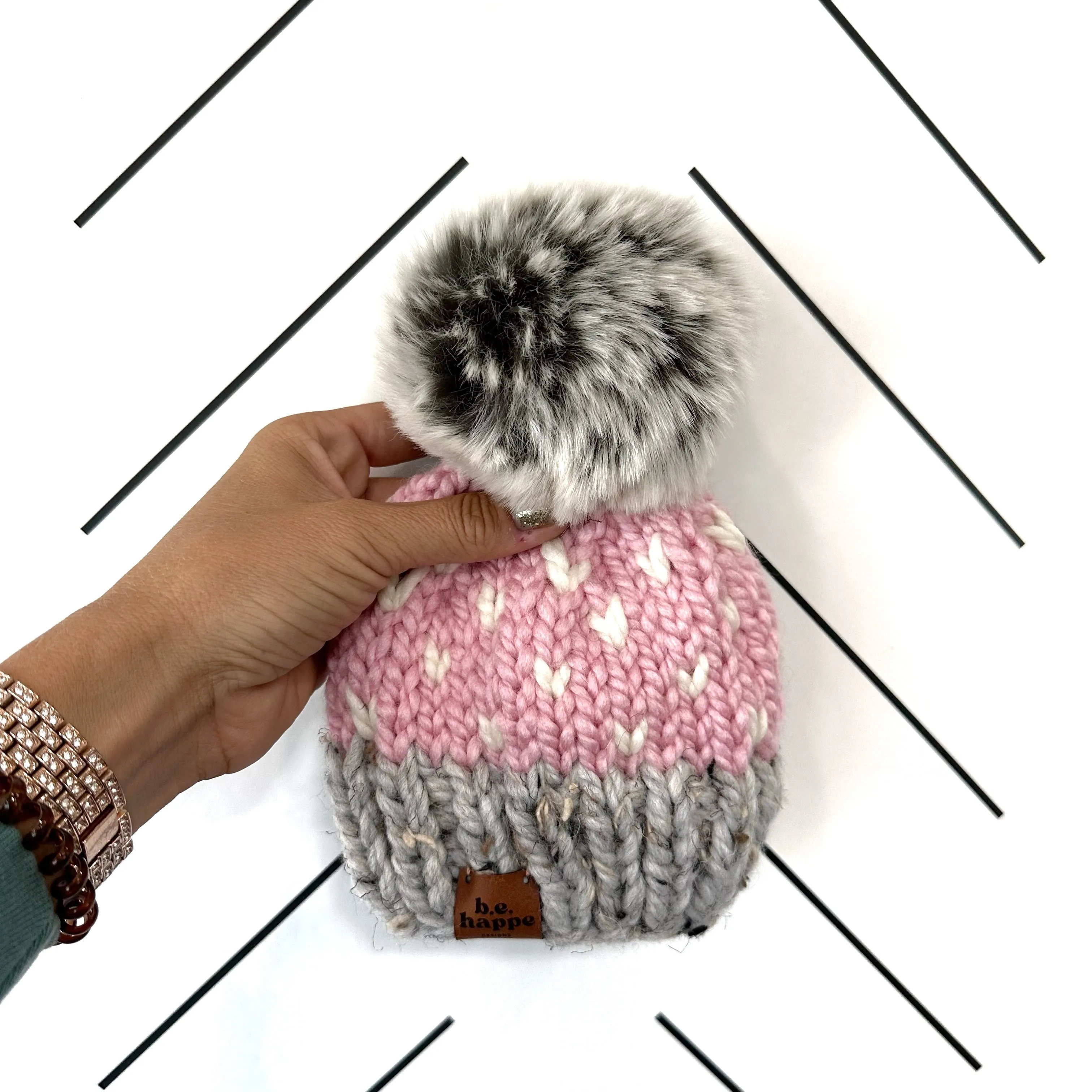 Toddler Happe Hearts Knit Pom Hat | Blossom Pink   Grey   Off White