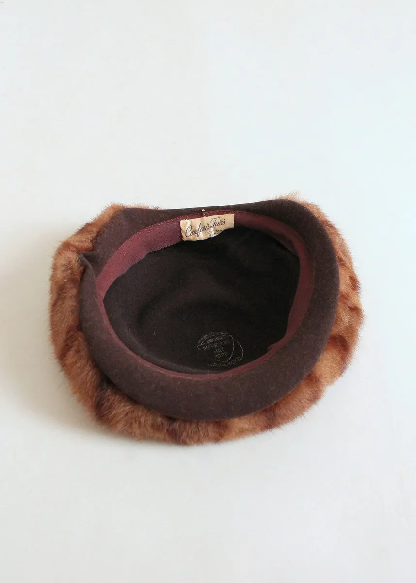 Vintage 1940s Brown Fur Tilt Hat and Purse Set