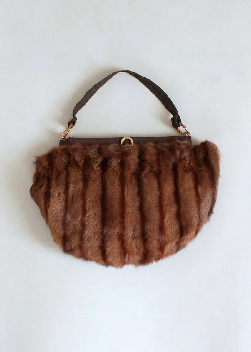 Vintage 1940s Brown Fur Tilt Hat and Purse Set