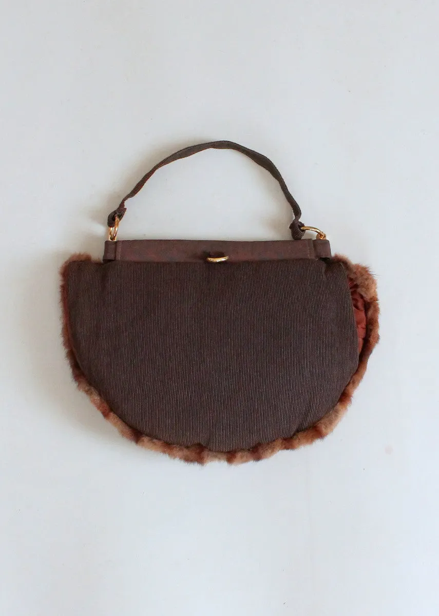 Vintage 1940s Brown Fur Tilt Hat and Purse Set