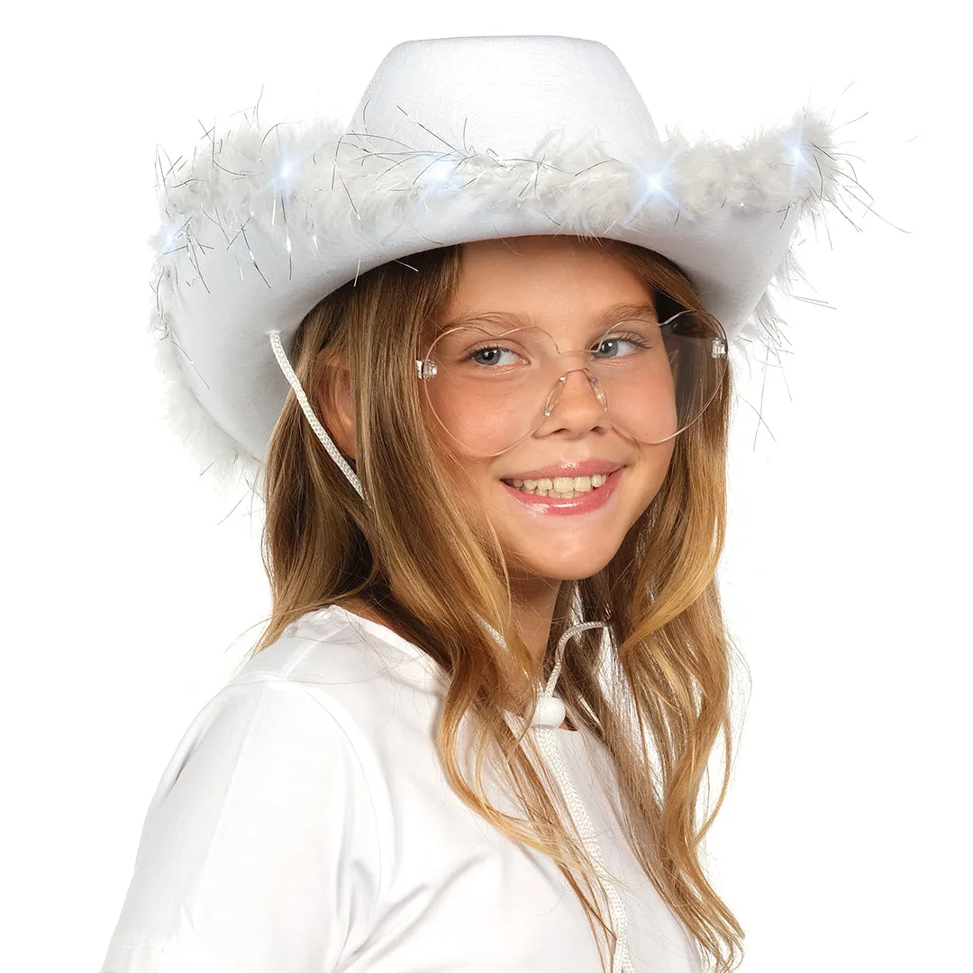 White Cowgirl Hat with Fur Rim - Trendy Halloween Light Up Cowboy Hat - Ideal for Western Rodeo Parties and Celebrations - Perfect for Costume Events, including Bride Cowgirl Parties - FUNCREDIBLE