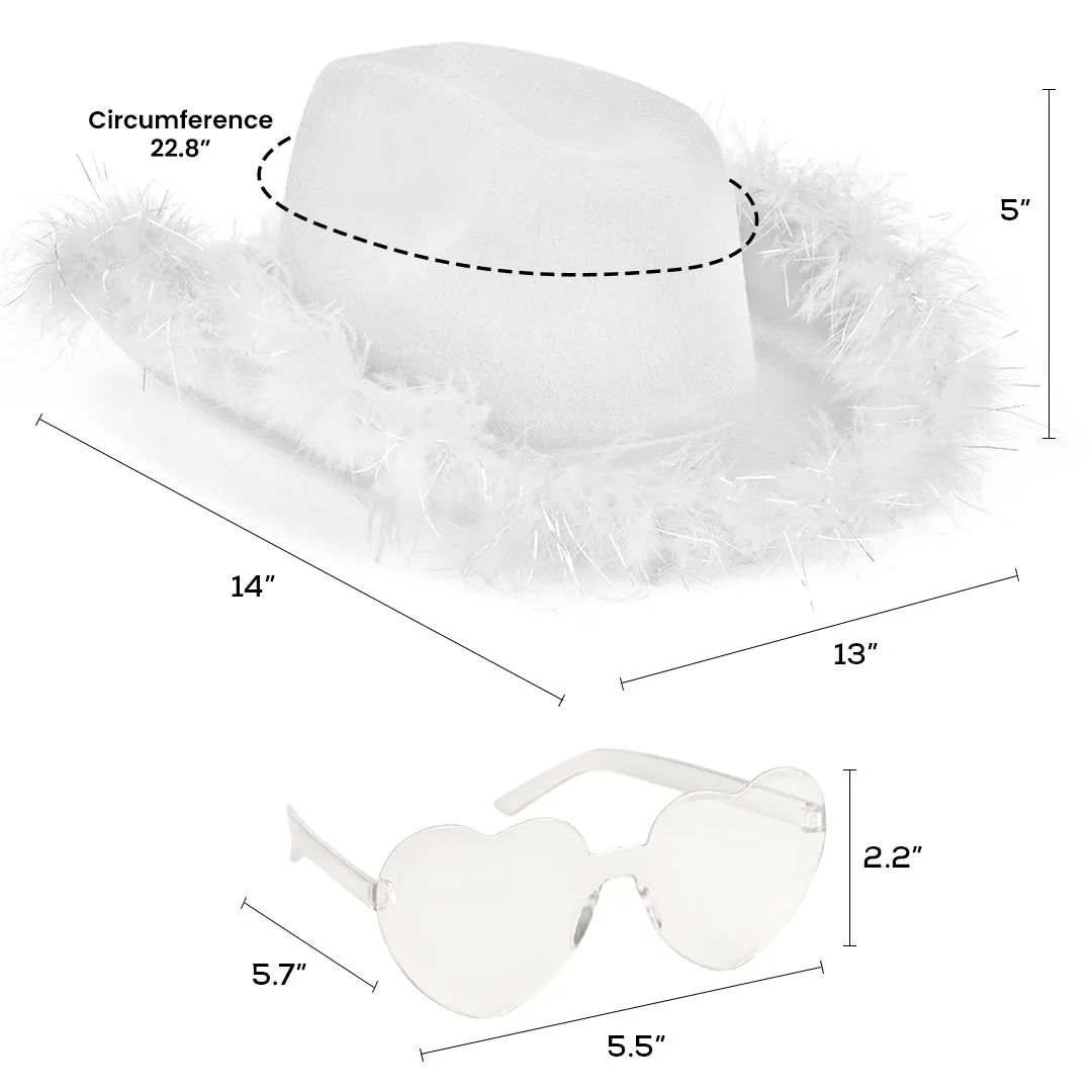 White Cowgirl Hat with Glasses  - Halloween Cowboy Hat with Feathers - Cow Girl Costume Accessories - Fun Bride Western Rodeo Party Hats and Goggles for Women, Girls and Kids - FUNCREDIBLE