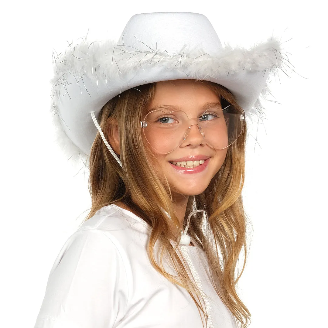 White Cowgirl Hat with Glasses  - Halloween Cowboy Hat with Feathers - Cow Girl Costume Accessories - Fun Bride Western Rodeo Party Hats and Goggles for Women, Girls and Kids - FUNCREDIBLE