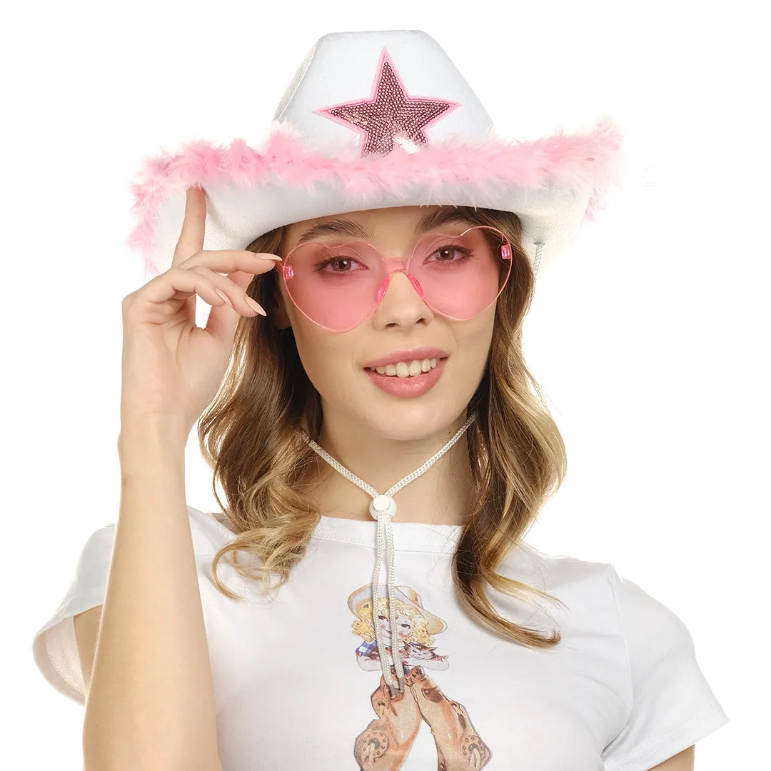 White Cowgirl Hat with Heart Glasses - White Cowboy Hat with Pink Sequin Star - FUNCREDIBLE