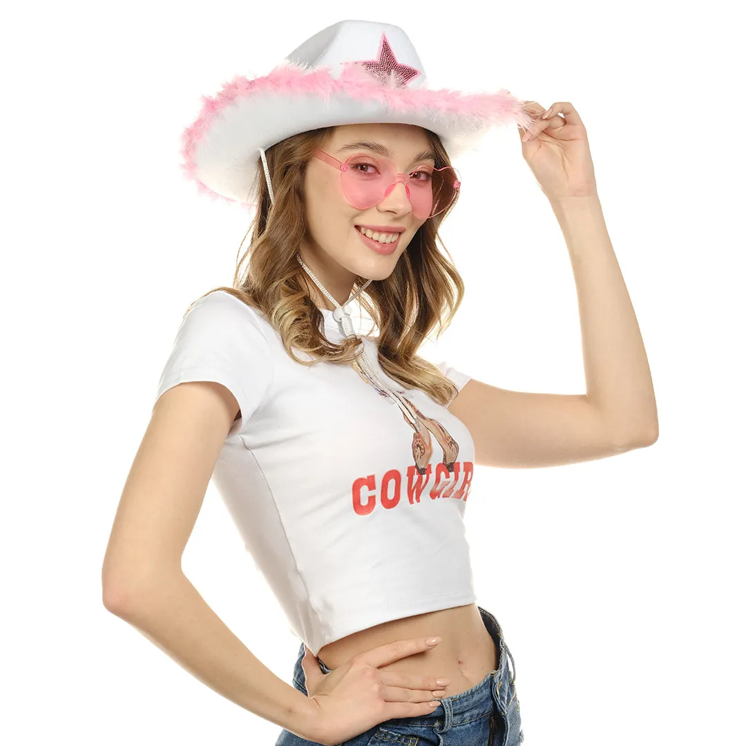 White Cowgirl Hat with Heart Glasses - White Cowboy Hat with Pink Sequin Star - FUNCREDIBLE