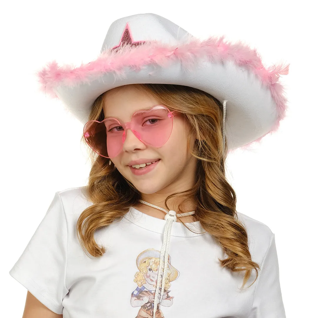 White Cowgirl Hat with Heart Glasses - White Cowboy Hat with Pink Sequin Star - FUNCREDIBLE