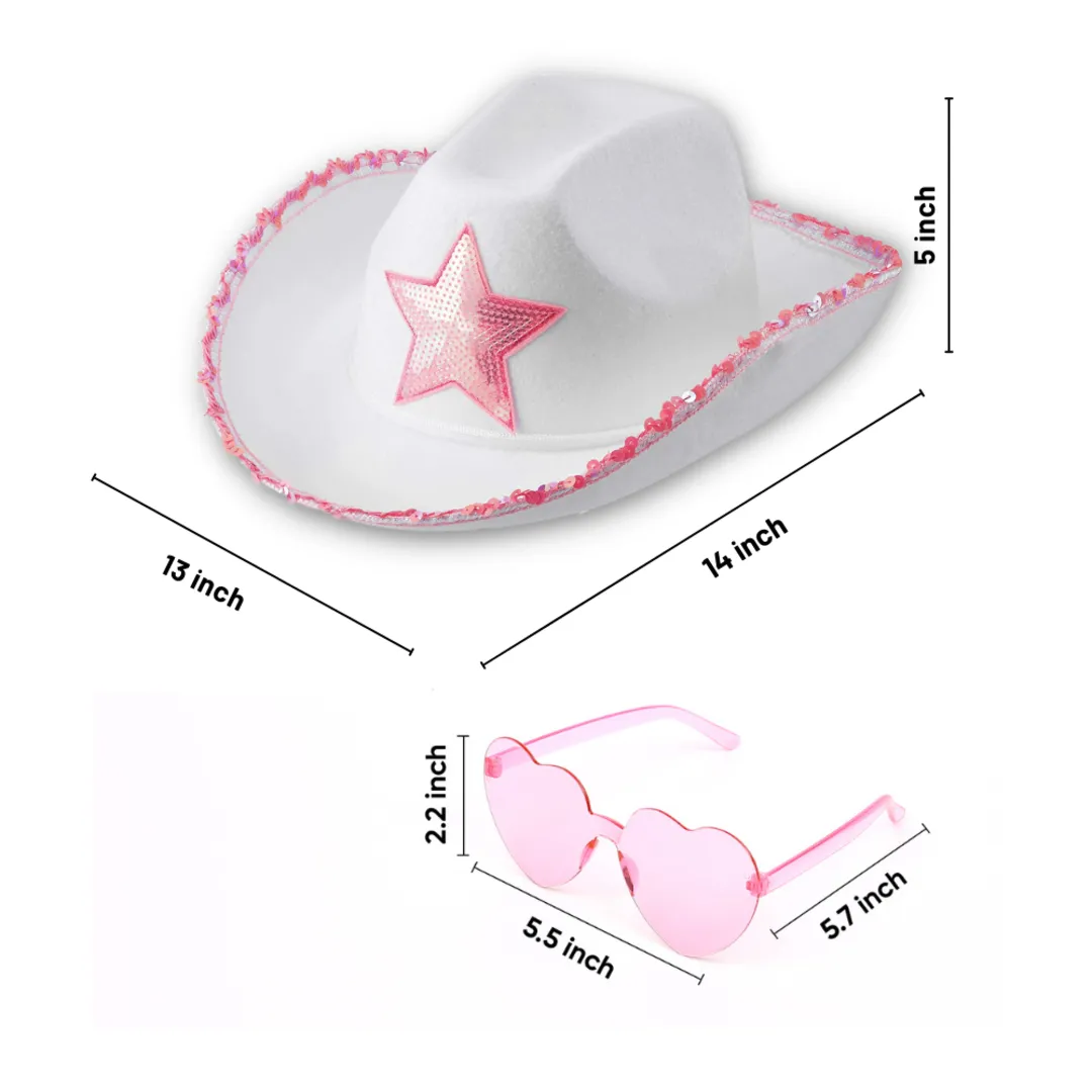 White Pink Cowgirl Hat with Heart Glasses - Pink Cowboy Hat with Pink Sequin Star - Halloween Cow Girl Costume Accessories - Fun Rodeo Party Hats and Goggles for Kids, Girls and Women - FUNCREDIBLE