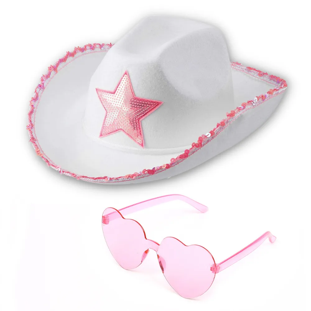 White Pink Cowgirl Hat with Heart Glasses - Pink Cowboy Hat with Pink Sequin Star - Halloween Cow Girl Costume Accessories - Fun Rodeo Party Hats and Goggles for Kids, Girls and Women - FUNCREDIBLE