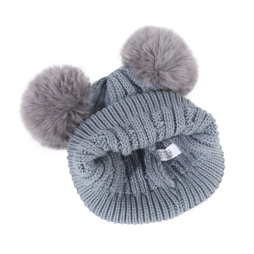 Wholesale 1-4 Year Old Children's Fleece Warm Double Wool Ball Knitted Beanie and Scarf Set