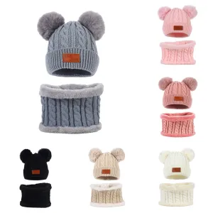 Wholesale 1-4 Year Old Children's Fleece Warm Double Wool Ball Knitted Beanie and Scarf Set