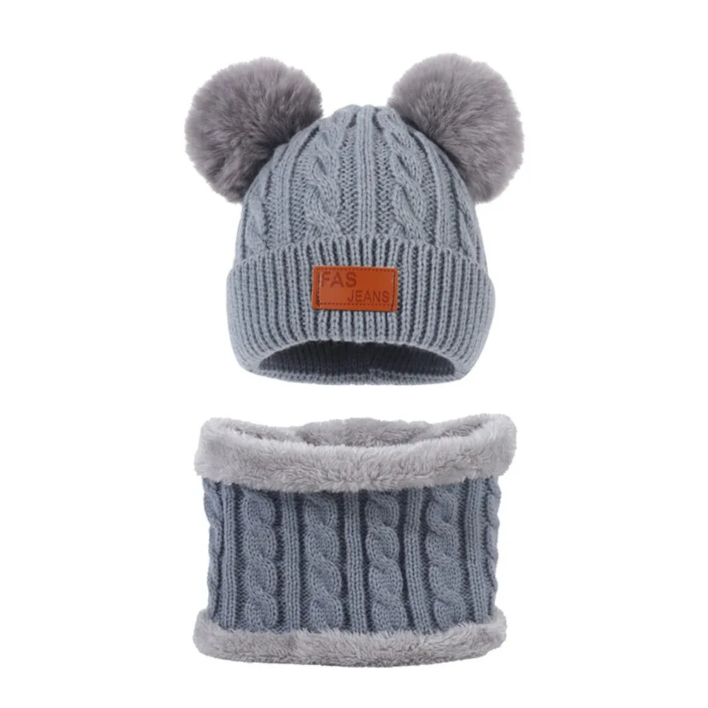 Wholesale 1-4 Year Old Children's Fleece Warm Double Wool Ball Knitted Beanie and Scarf Set