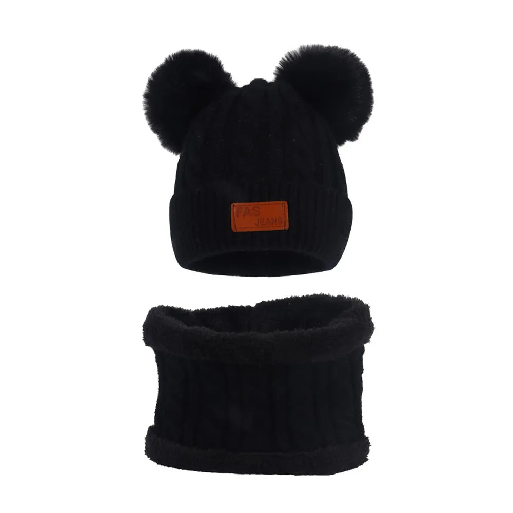 Wholesale 1-4 Year Old Children's Fleece Warm Double Wool Ball Knitted Beanie and Scarf Set