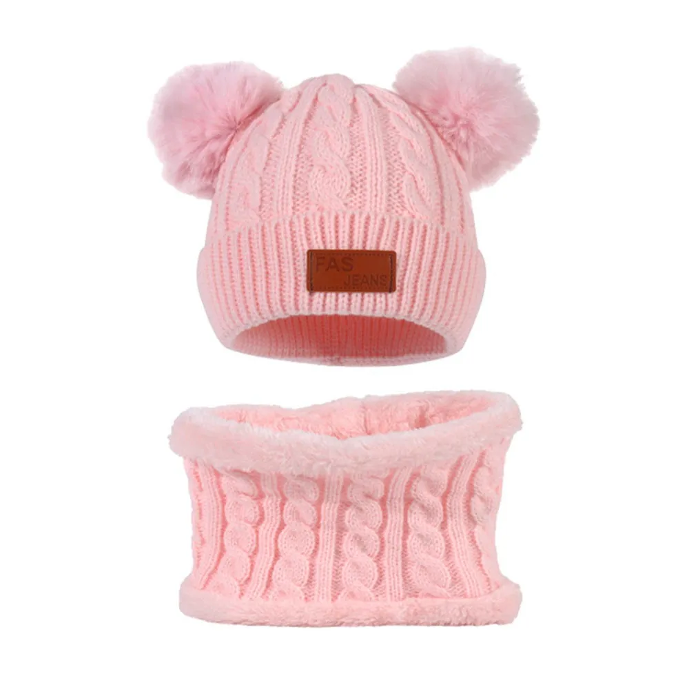 Wholesale 1-4 Year Old Children's Fleece Warm Double Wool Ball Knitted Beanie and Scarf Set