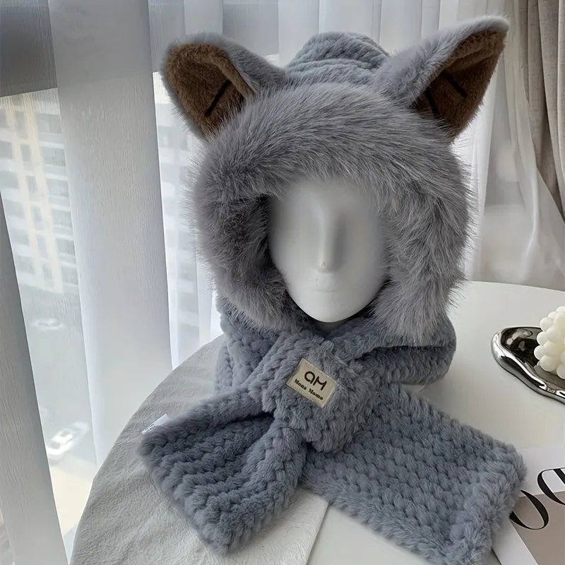 Winter Cartoon Ears Furry Hat Scarf Set - Soft, Lightweight, Elastic Drawstring Closure, Embossed Polyester, Perfect for Valentines Day Outdoor Activities