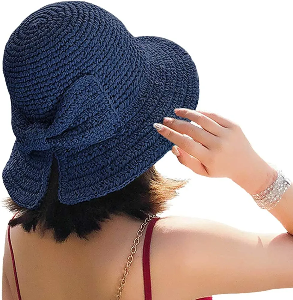 Women Wide Brim Straw Hat Hollow Foldable Summer Bucket Hat Bow Lady’s Foldable Beach Sun Hat for Travel