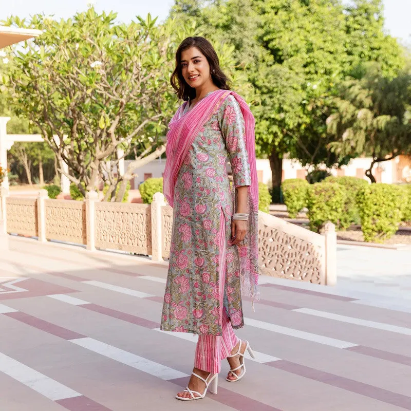 Womens Pink Cotton Floral Printed Kurta and Pant Set with Dupatta