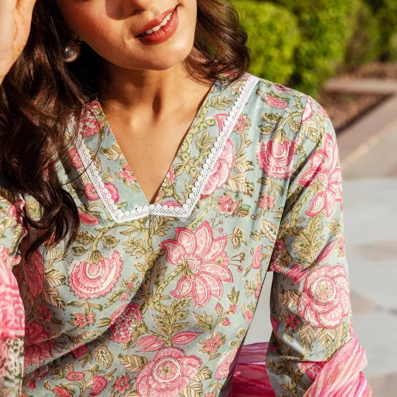 Womens Pink Cotton Floral Printed Kurta and Pant Set with Dupatta