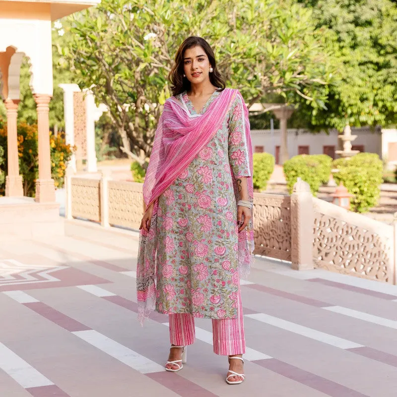 Womens Pink Cotton Floral Printed Kurta and Pant Set with Dupatta