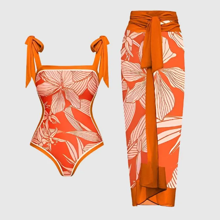 Women's Retro One-piece Swimsuit and Cover-up Scarf Set