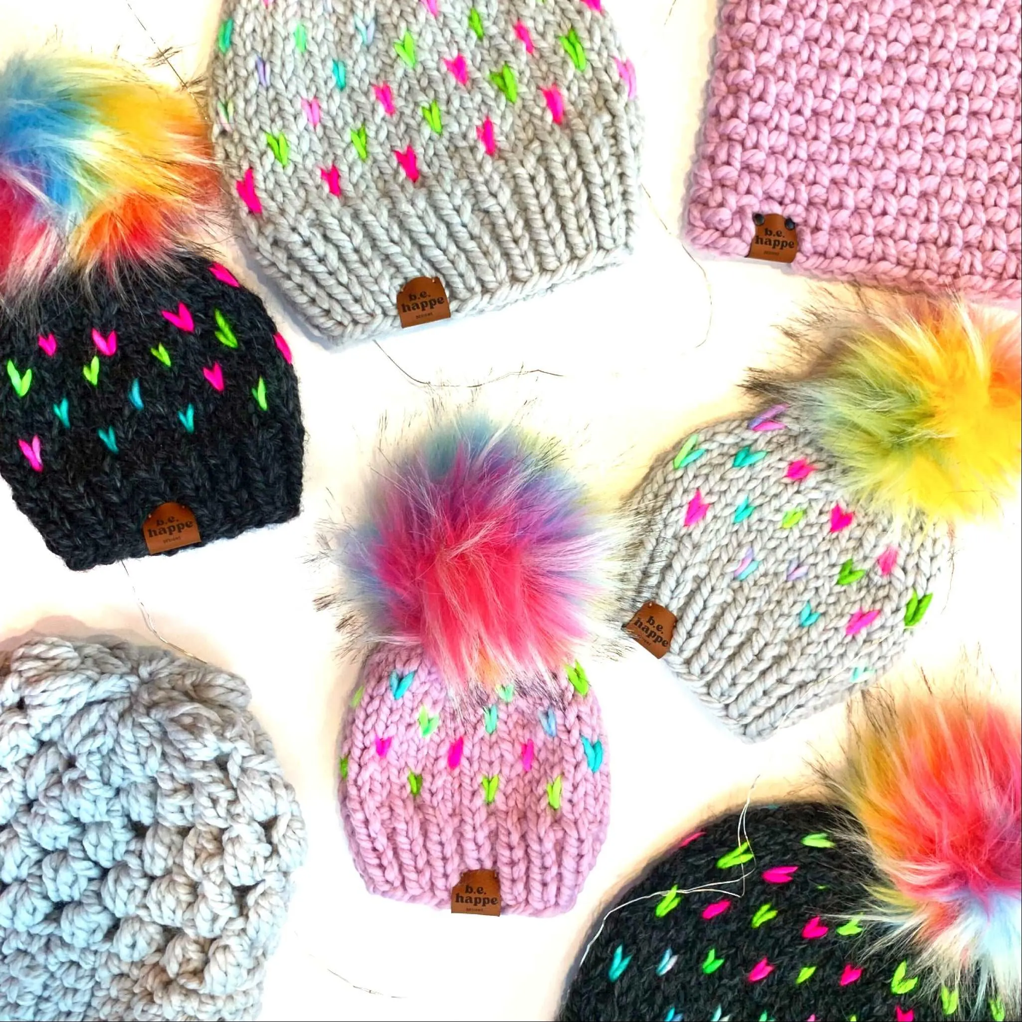 Youth Knit Heart Pom Hat | Thaw Gray Rainbow